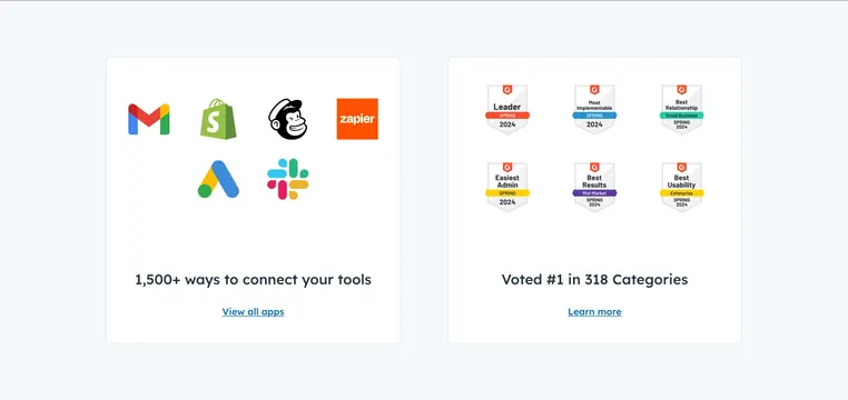 HubSpot integrations and G2 awards, minimal, light-mode, light