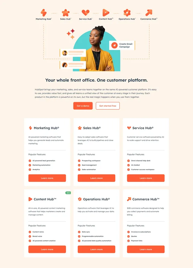 HubSpot platform hubs grid, minimal, light-mode, light