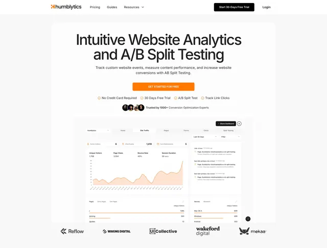 Humblytics analytics hero with dashboard preview, light-mode, minimal, light