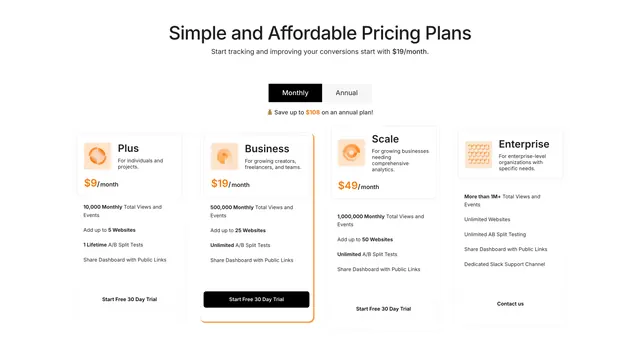 Humblytics four-column pricing with billing toggle, light-mode, minimal, light