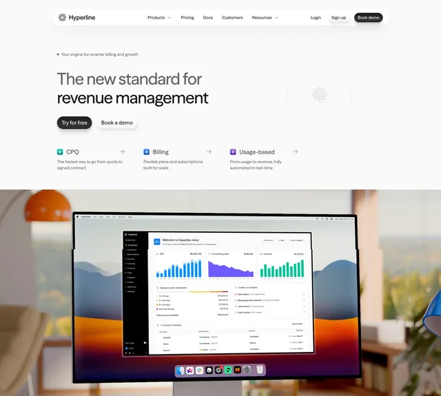 Hyperline hero with monitor mockup in a real scene, light-mode, minimal, light