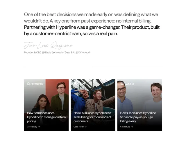 Hyperline founder pull-quote with case-study cards, light-mode, minimal, light