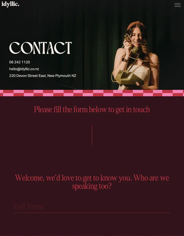 Idyllic inquiry contact page, editorial, minimal, dark
