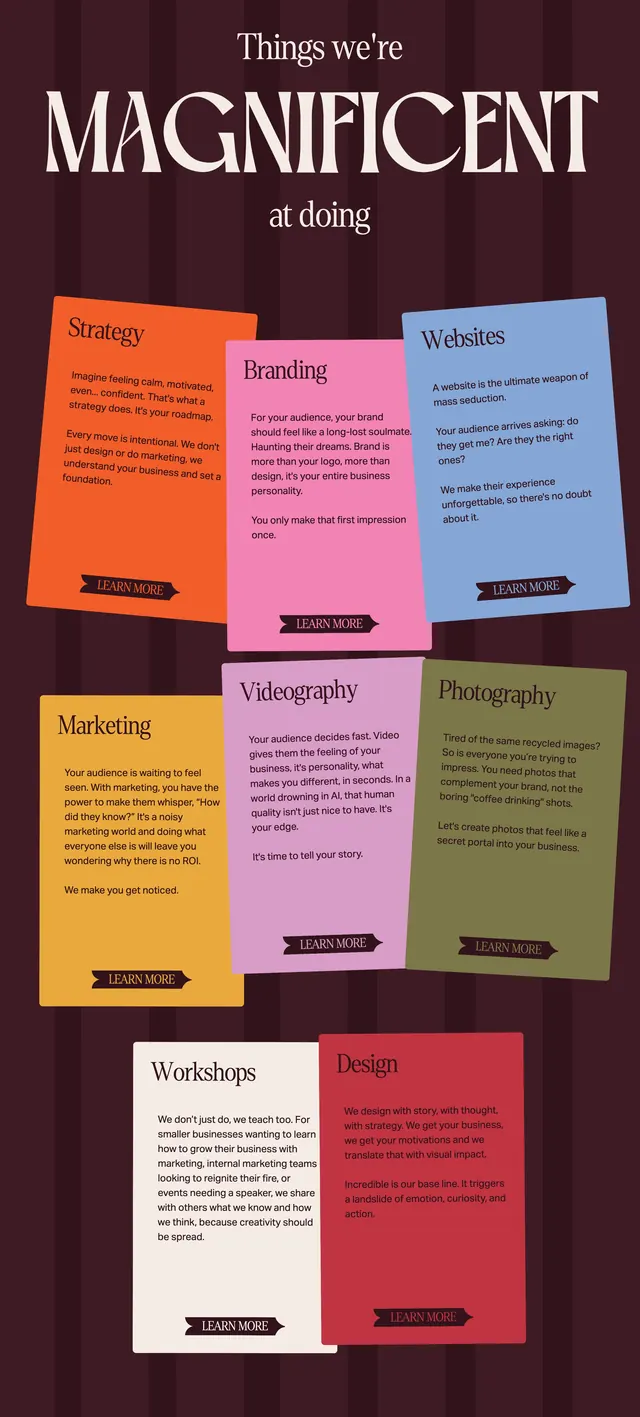 Idyllic colorful services grid, editorial, dark-mode, dark