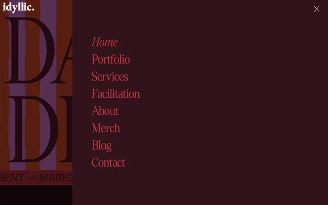 Idyllic full-screen nav overlay, editorial, dark-mode, dark