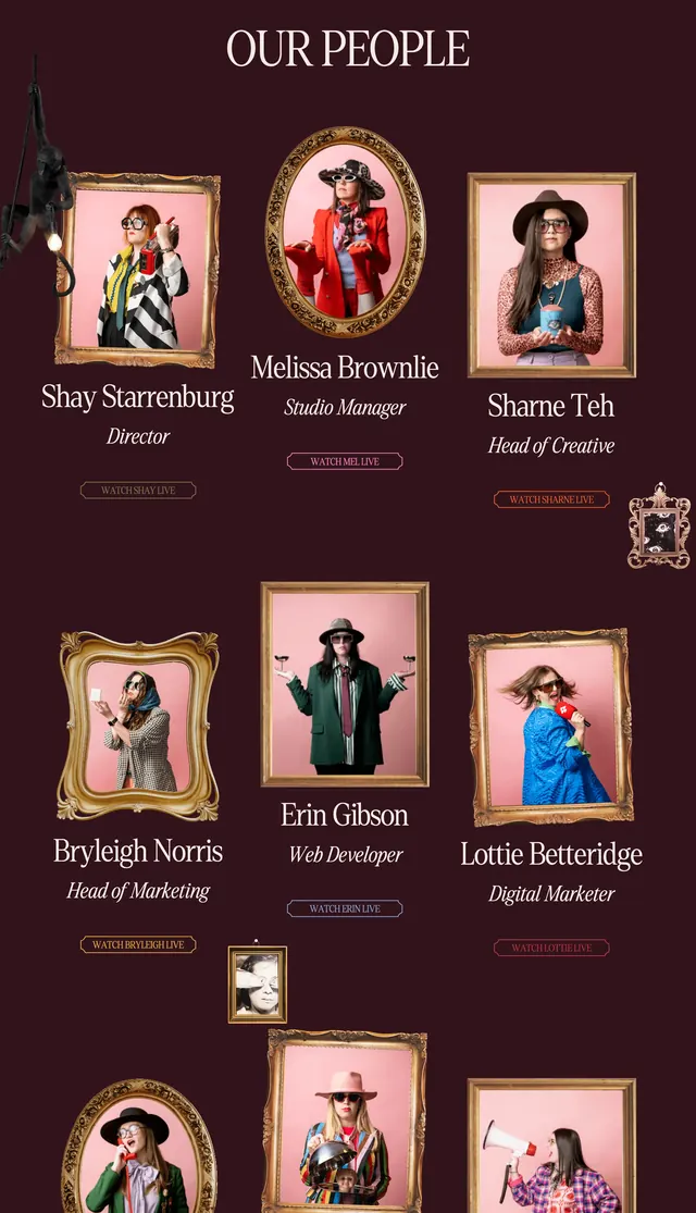 Idyllic ornate framed team grid, editorial, dark-mode, dark