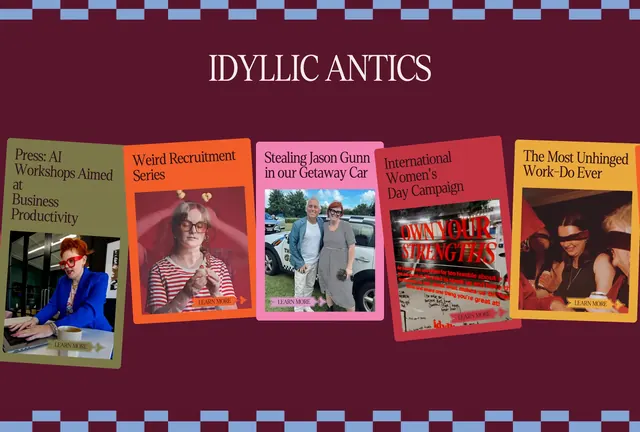 Idyllic Antics tilted story cards, editorial, playful, dark