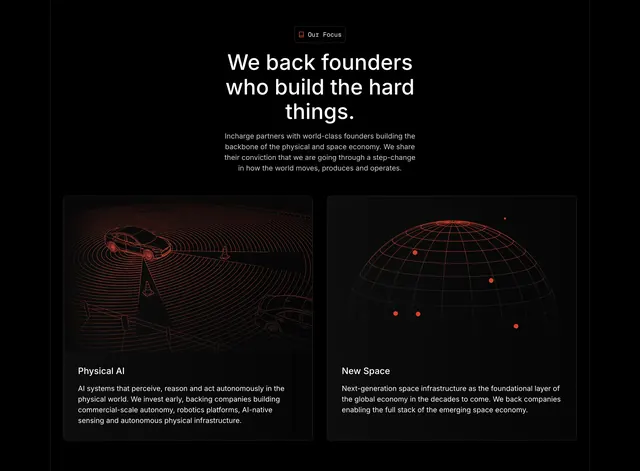 Incharge Physical AI focus cards, dark-mode, technical, dark