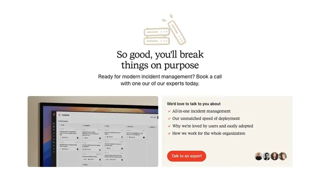Incident.io serif CTA with bullet panel and avatars, light-mode, minimal, light
