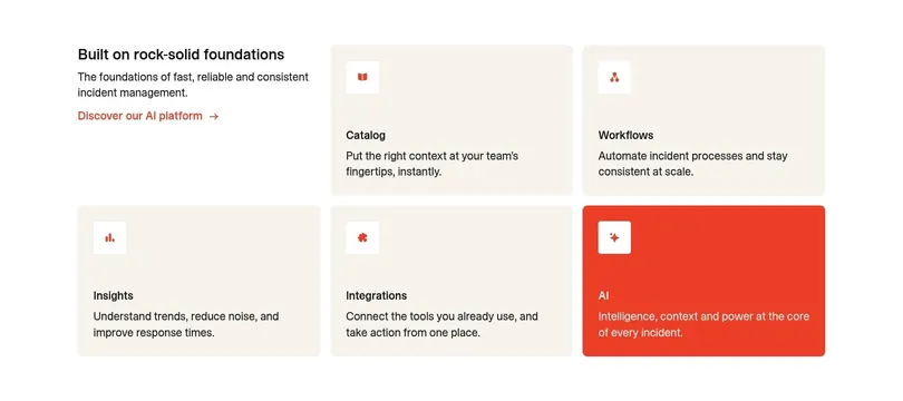 Incident.io foundations feature grid with red accent card, light-mode, minimal, light