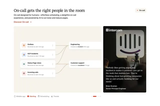 Incident.io on-call feature with flow diagram and quote, light-mode, minimal, light