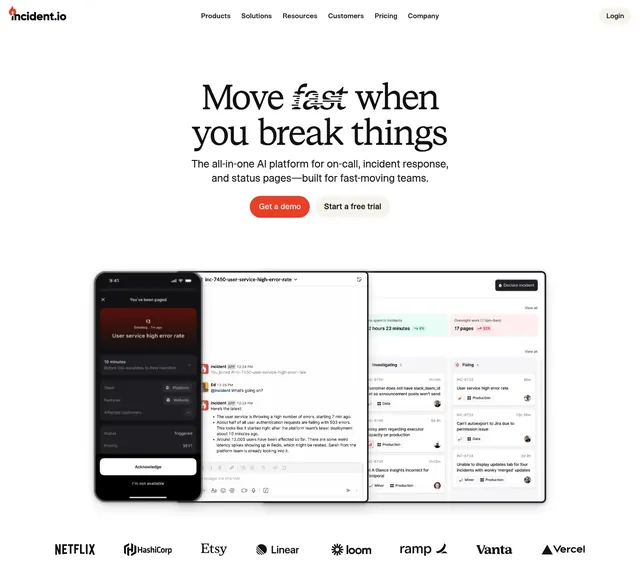 Incident.io serif hero with phone and dashboard mockups, light-mode, minimal, light