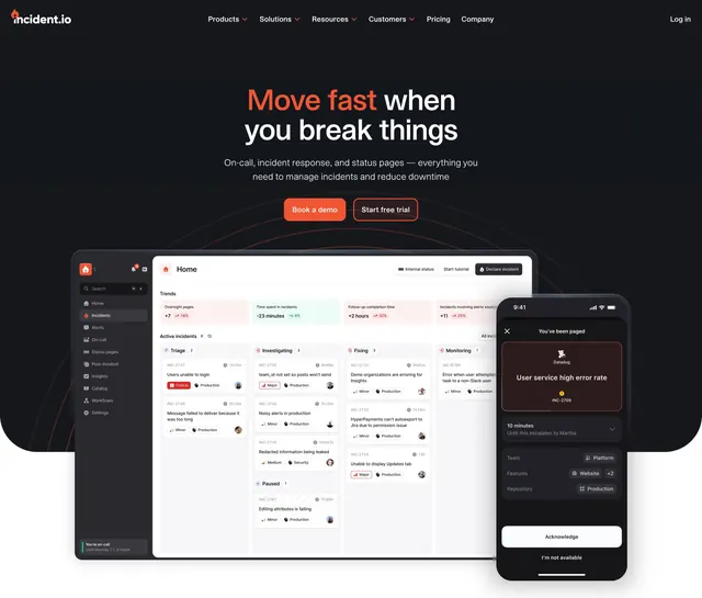 Incident.io centered dark hero with dashboard and phone, dark-mode, technical, dark