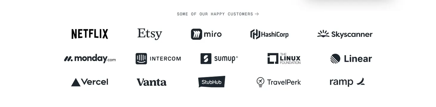 Incident.io customer logo wall in five-column grid, minimal, light-mode, light