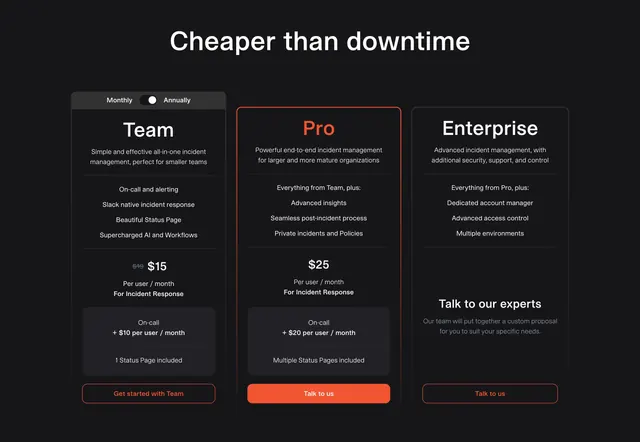 Incident.io dark three-column pricing with red accent, dark-mode, minimal, dark