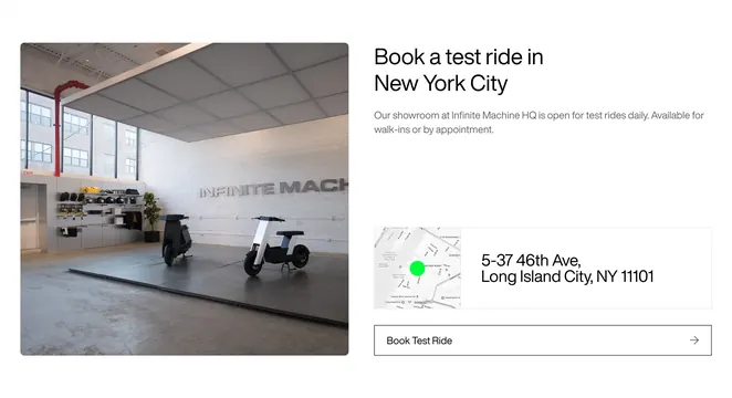 Infinite Machine NYC test ride booking, minimal, light-mode, light