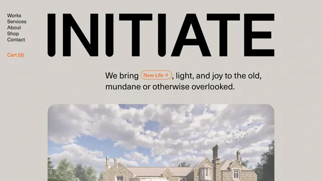 Initiate oversized wordmark hero, minimal, light-mode, light