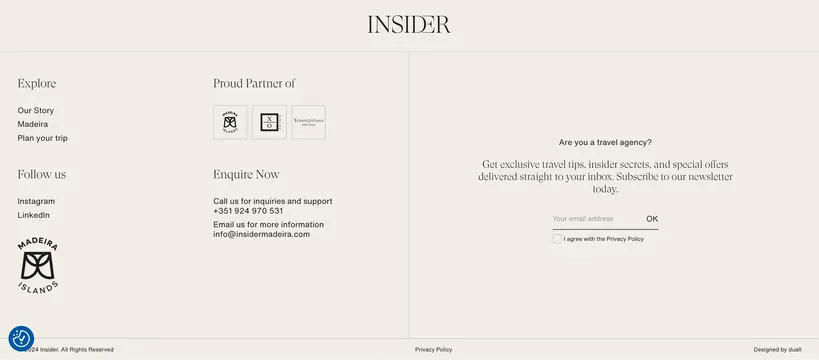 Insider Madeira company footer, minimal, light-mode, light