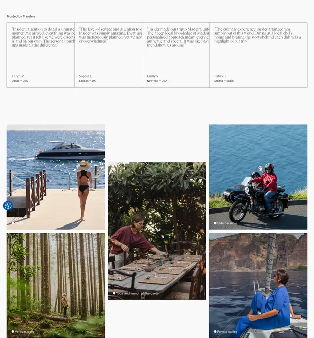 Insider traveler testimonials and gallery, minimal, light-mode, light