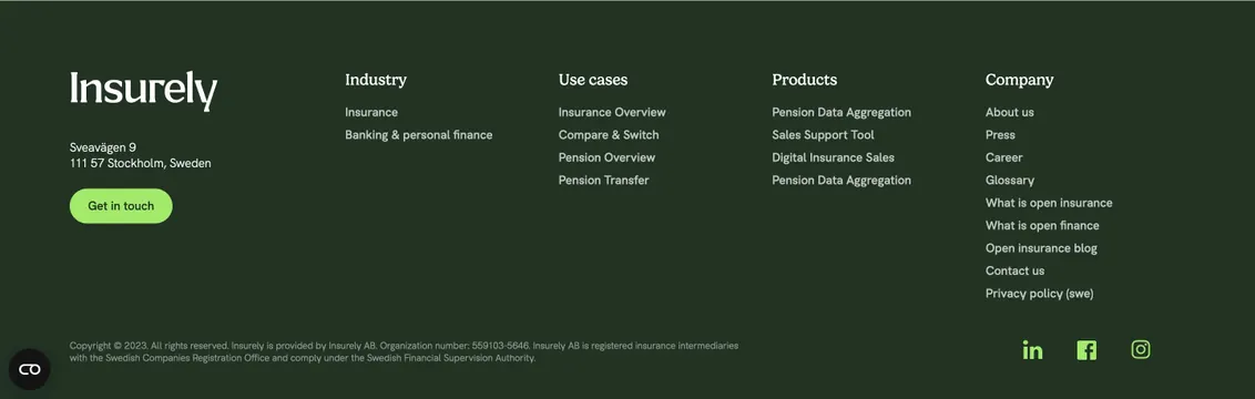Insurely dark green footer, minimal, corporate-clean, dark