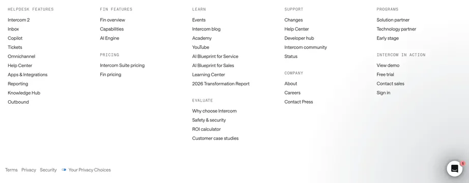 Intercom 2 dense product footer, minimal, corporate-clean, light