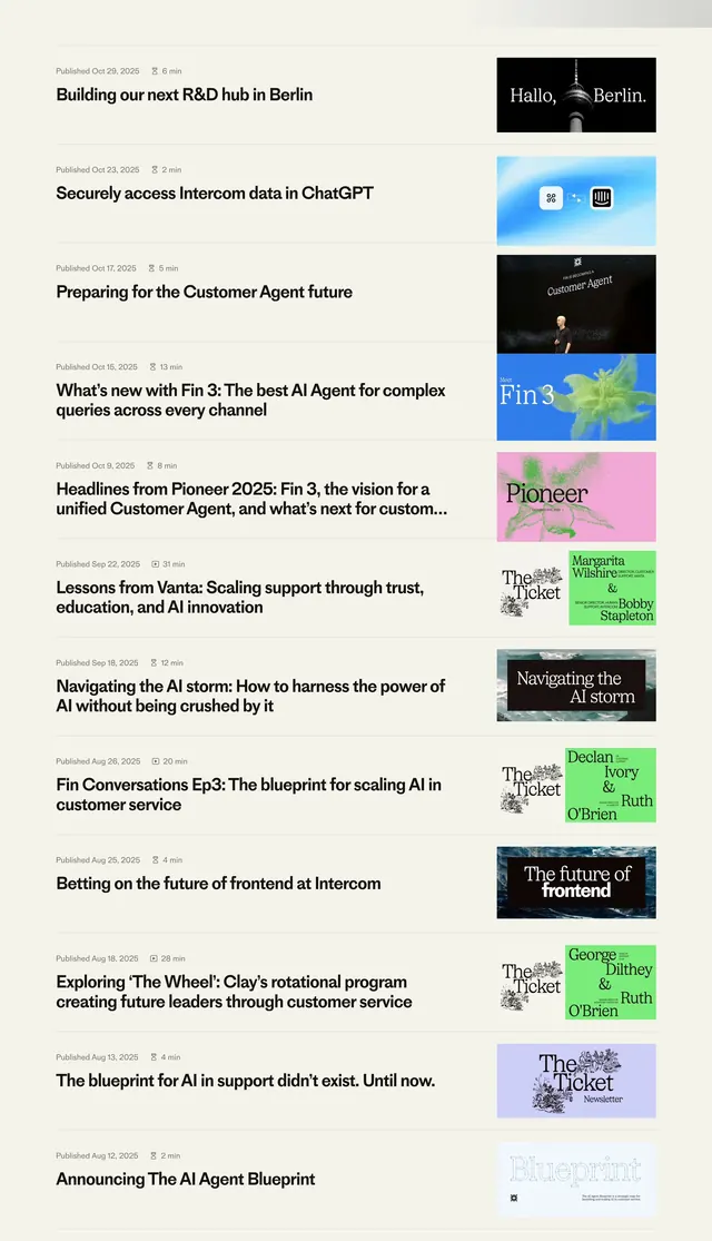 Intercom blog index list, minimal, editorial, light