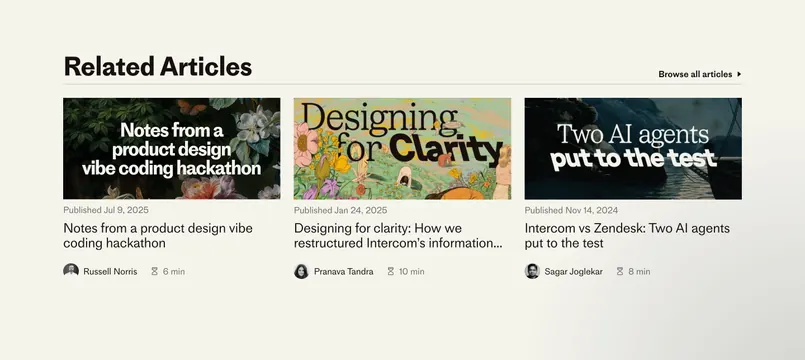 Intercom related articles row, minimal, editorial, light