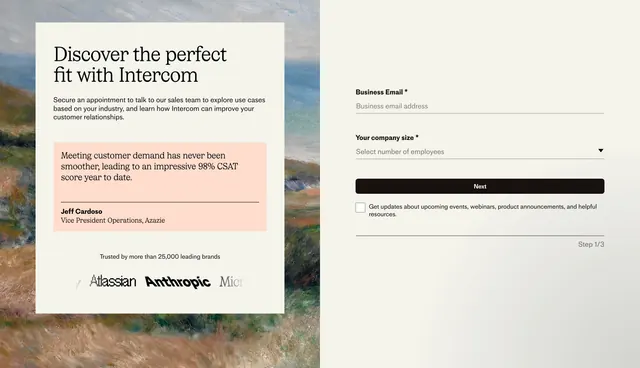 Intercom contact sales split form, minimal, editorial, light