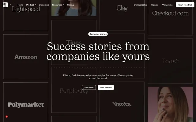 Intercom customer stories grid hero, minimal, editorial, dark