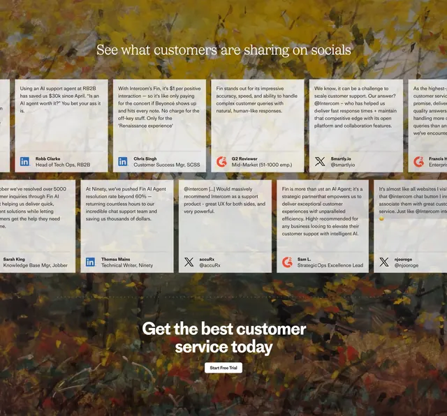 Intercom social testimonial carousel, minimal, editorial, warm