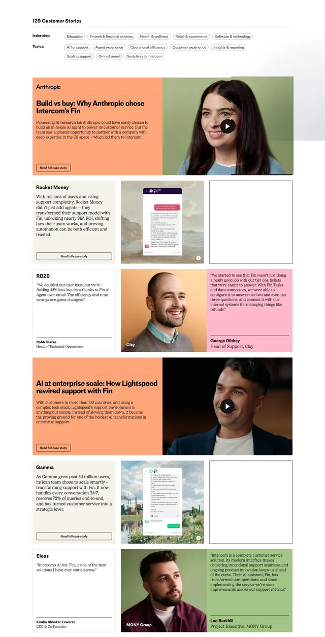 Intercom customer stories index, minimal, editorial, light