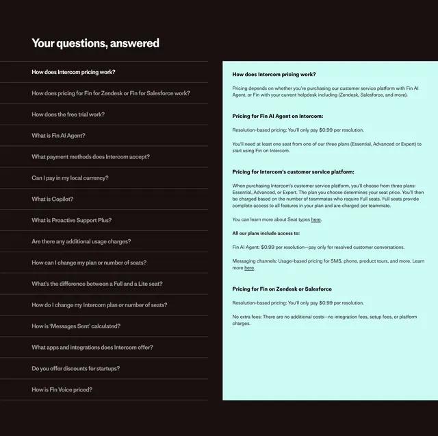 Intercom split-pane FAQ, minimal, corporate-clean, dark
