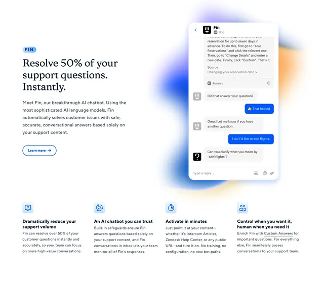 Intercom Meet Fin AI feature, minimal, corporate-clean, light