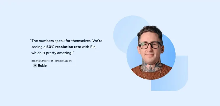 Intercom Robin 50% Fin testimonial, minimal, corporate-clean, light