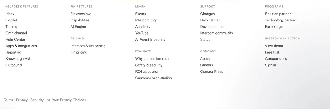 Intercom home page footer links, minimal, corporate-clean, light