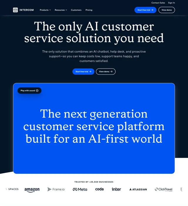 Intercom AI customer service hero, minimal, editorial, dark