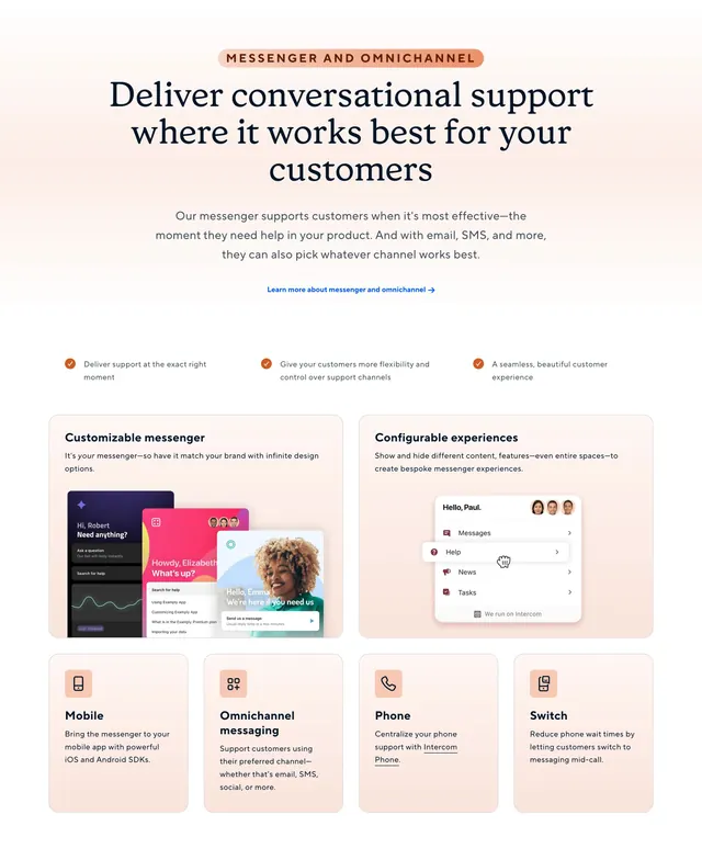 Intercom messenger omnichannel feature, minimal, corporate-clean, light