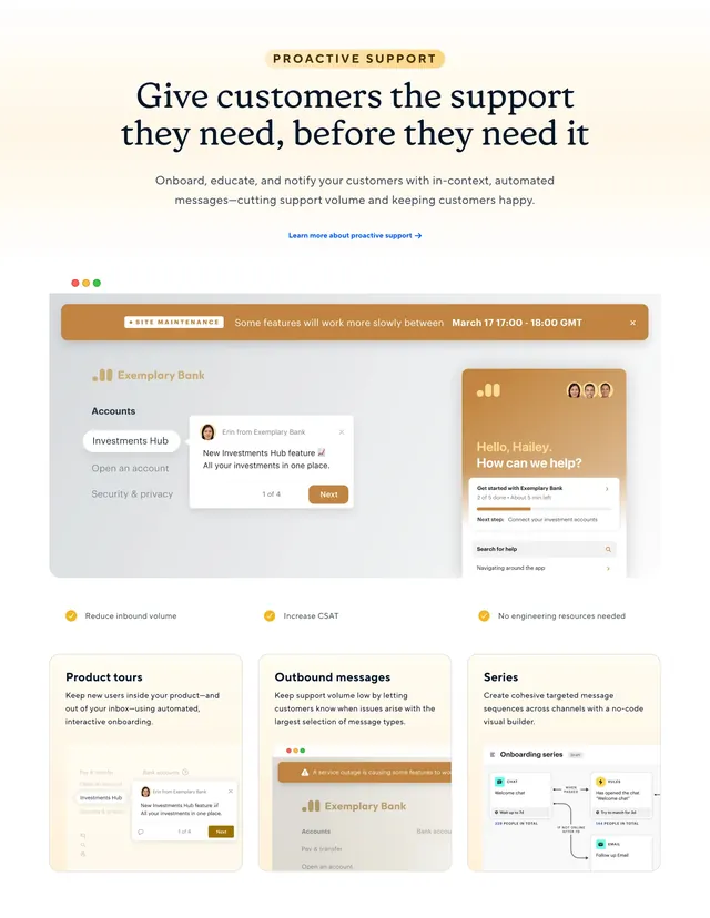 Intercom proactive support feature, minimal, corporate-clean, light