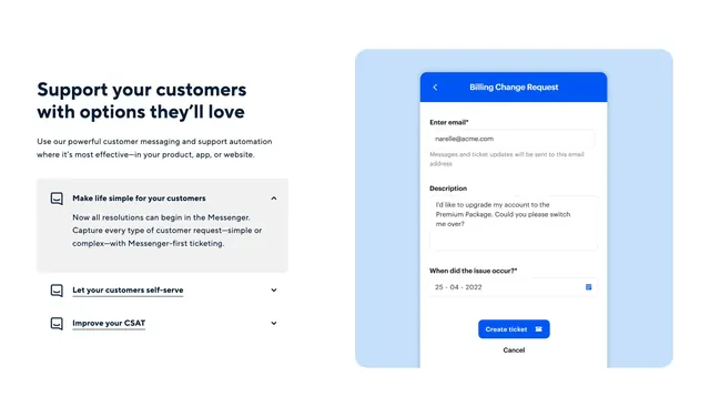 Intercom messenger ticketing accordion, minimal, corporate-clean, light