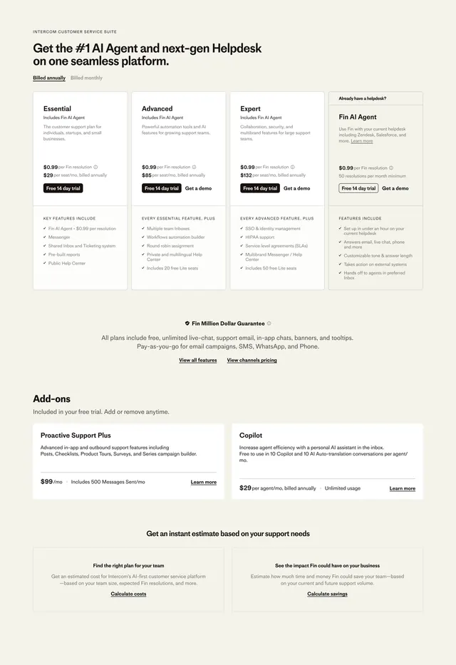 Intercom suite pricing cards, minimal, editorial, light