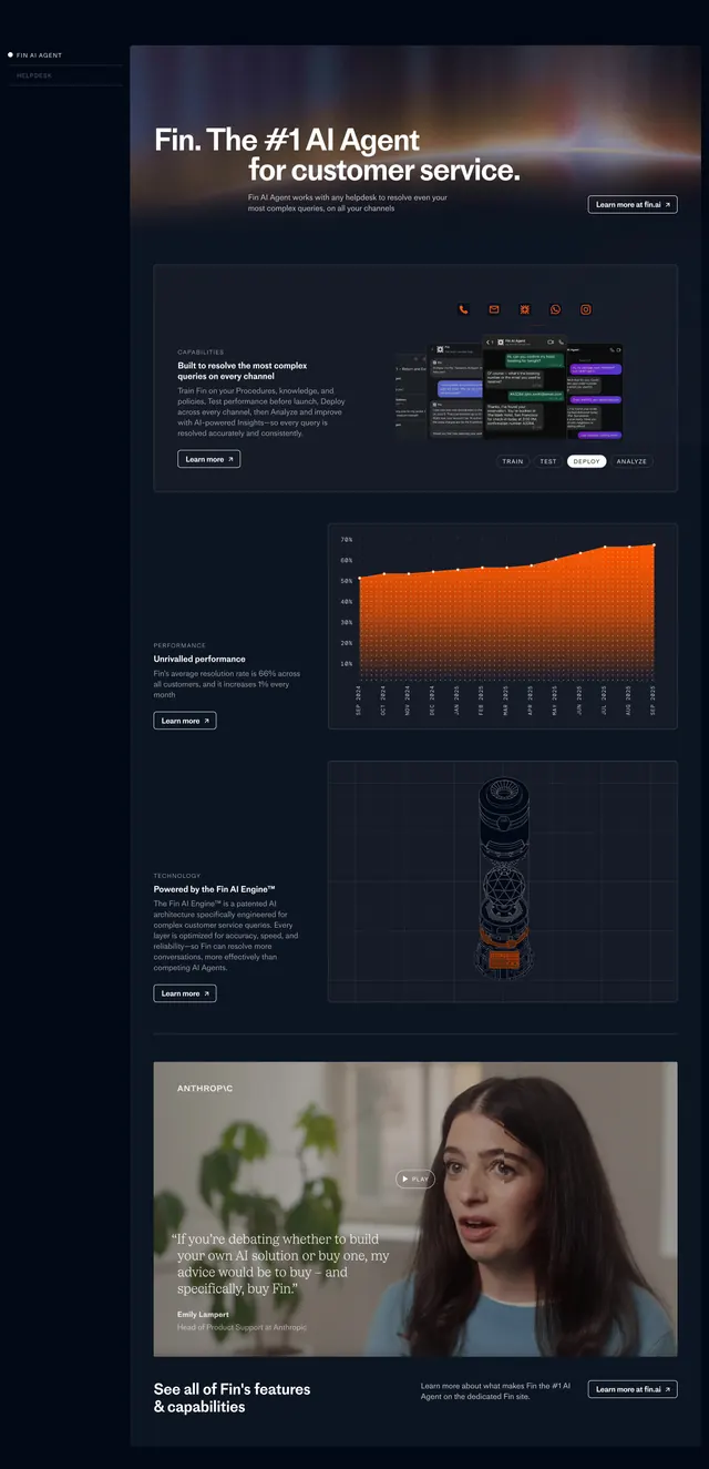 Intercom Fin AI agent dark scroll, minimal, dark-mode, dark