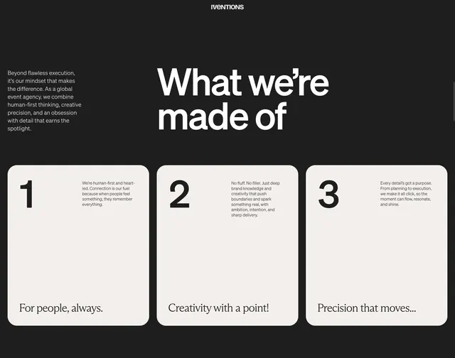 Iventions three values cards, minimal, editorial, dark