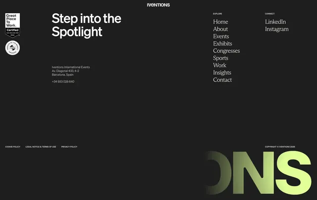 Iventions dark footer navigation, minimal, editorial, dark