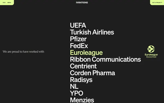 IVENTIONS oversized client name list, dark-mode, minimal, dark