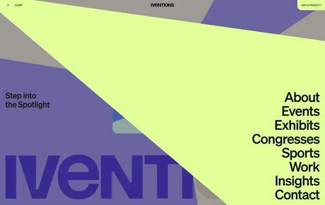 IVENTIONS spotlight full-screen menu, minimal, neo-brutalist, dark