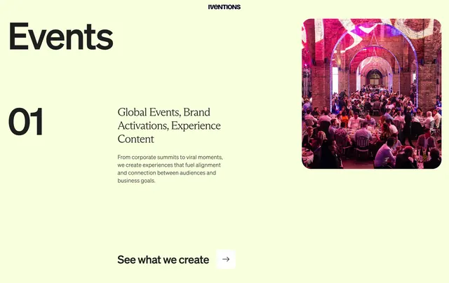 IVENTIONS numbered Events service row, minimal, editorial, light