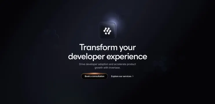 Invertase dark centered CTA with glowing app icon, dark-mode, minimal, dark