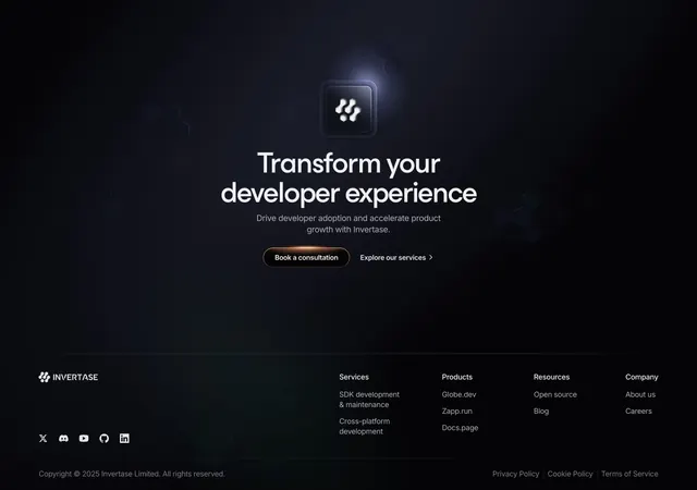 Invertase dark footer with CTA above link columns, dark-mode, minimal, dark
