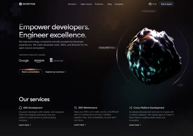 Invertase dark split hero with 3D crystal render, dark-mode, 3d-render, dark