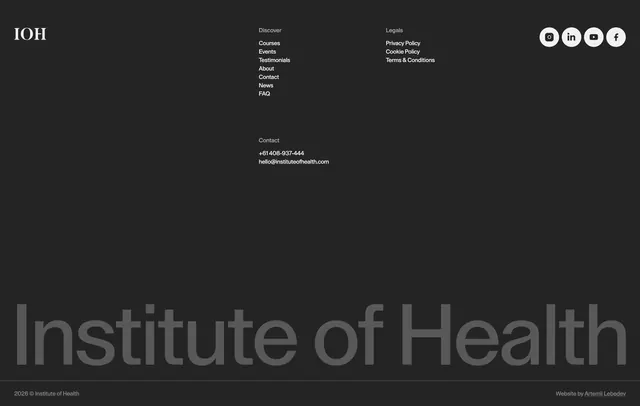 IOH dark institutional footer, dark-mode, minimal, dark